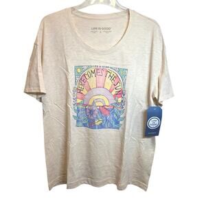Life is Good Relaxed Tee Sunshine Womens Sz Large XL Cream Flowers Hippie Slub